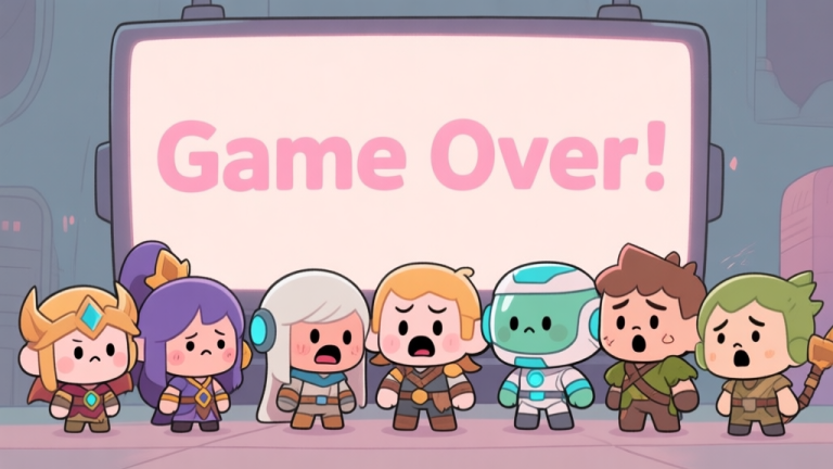 自动生成图片: A group of cute, stylized character avatars from different game genres (fantasy, sci-fi, survival) looking shocked and defeated in front of a large "Game Over" screen, soft pastel color palette, muted tones, illustrated in a lighthearted comic style high quality illustration, detailed, 16:9