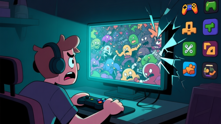 自动生成图片: A frustrated gamer staring at a screen filled with overwhelming enemies and visual chaos, in a dark room, soft glow from the monitor, cartoonish exaggerated style with a subtle "wall" made of game icons breaking towards the player high quality illustration, detailed, 16:9