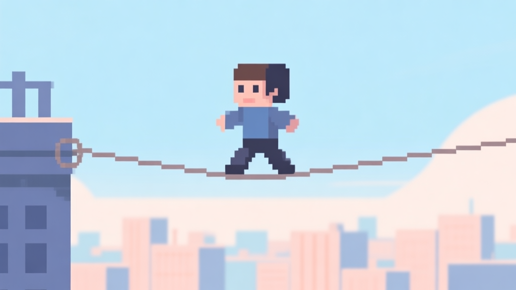 A minimalist, clean illustration of a pixel-art character balancing on a thin rope high above a simple cityscape, soft pastel colors like light blue and peach, daytime, calm and focused atmosphere high quality illustration, detailed, 16:9