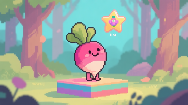 自动生成图片: A cute, smiling radish character (Dadish) standing on a colorful, simple platform in a pixel art forest, looking up at a floating collectible star, soft pastel color palette high quality illustration, detailed, 16:9
