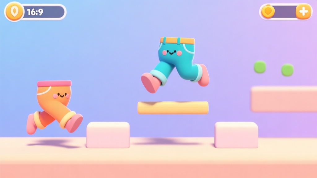 A colorful, minimalist mobile game screen showing cute cartoon pants with legs jumping over simple obstacles, pastel color palette, soft shadows, clean interface high quality illustration, detailed, 16:9