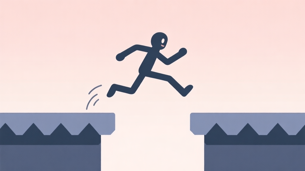 A minimalist side-view of a simple platformer level with a long-legged character mid-jump between two platforms, soft pastel background, clean lines, flat design style high quality illustration, detailed, 16:9