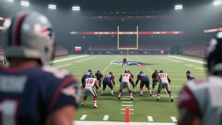 自动生成图片: A dramatic, soft-focus video game screenshot from a football simulation, viewed from behind the offense. The perspective is on the 1-yard line, with the end zone in clear view. The defense's formation is blurred in the foreground, creating tension, with a muted color palette of team colors and stadium lights. high quality illustration, detailed, 16:9