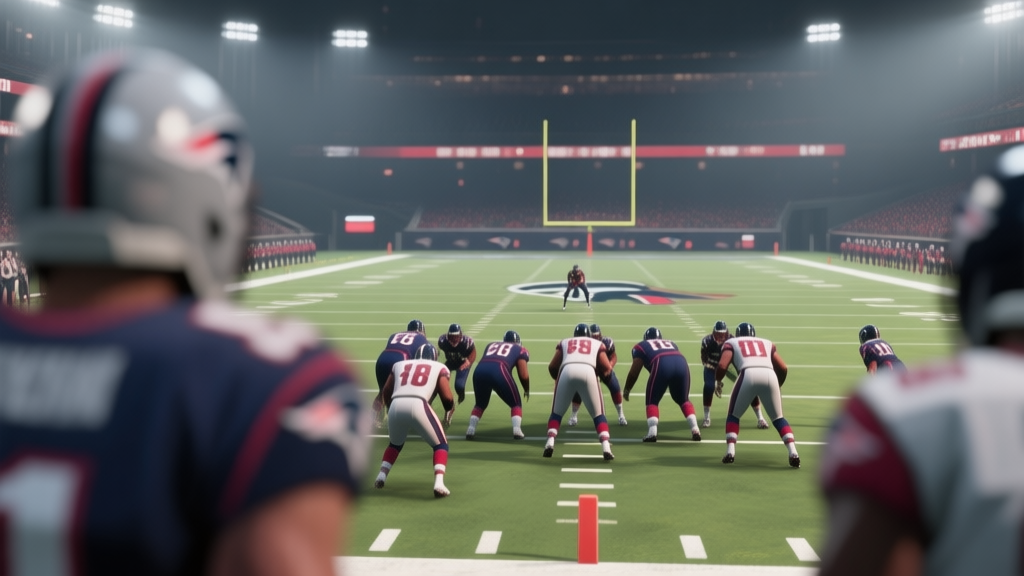 A dramatic, soft-focus video game screenshot from a football simulation, viewed from behind the offense. The perspective is on the 1-yard line, with the end zone in clear view. The defense's formation is blurred in the foreground, creating tension, with a muted color palette of team colors and stadium lights. high quality illustration, detailed, 16:9