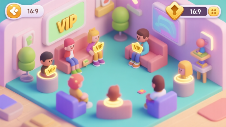 自动生成图片: A vibrant, isometric view of a casual multiplayer game lobby with diverse avatars, some highlighted with a subtle golden glow (VIP status). Interface elements show a shuffle icon and a countdown timer, soft pastel color scheme high quality illustration, detailed, 16:9