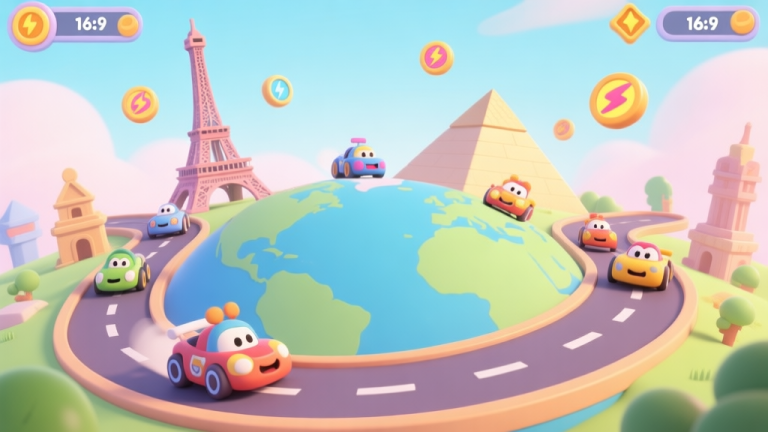 自动生成图片: A vibrant, playful 2D game scene showing multiple quirky cartoon racers on a winding global track, passing landmarks like a tiny Eiffel Tower and a pyramid, with power-up icons floating in the air, soft pastel color palette high quality illustration, detailed, 16:9