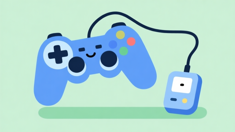 自动生成图片: A friendly, minimalist illustration showing a video game controller connected to a smaller, simpler secondary device, with soft blue and green colors, flat design style high quality illustration, detailed, 16:9