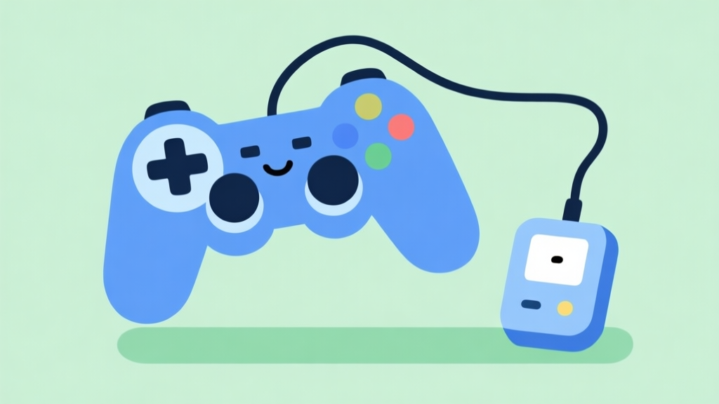 A friendly, minimalist illustration showing a video game controller connected to a smaller, simpler secondary device, with soft blue and green colors, flat design style high quality illustration, detailed, 16:9
