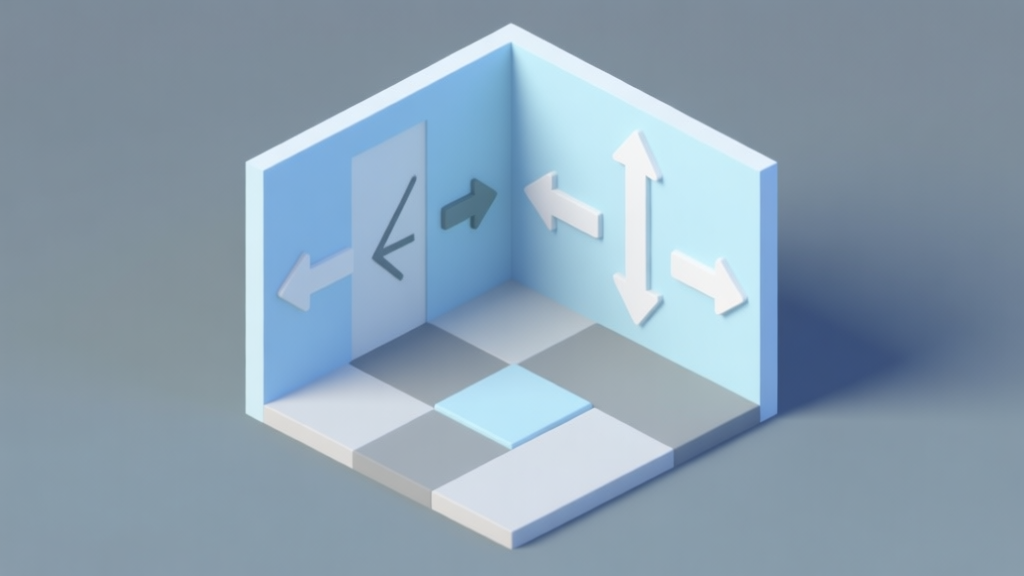 A minimalist isometric view of a puzzle room with arrows pointing to all four walls, indicating different gravity directions, soft blue and grey color scheme, clean lines high quality illustration, detailed, 16:9