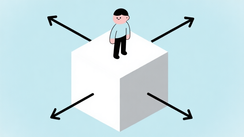 A simple, clean illustration of a stylized character standing on a cube, with gravity arrows pointing to different sides of the cube, in a soft pastel color palette with light blues and grays high quality illustration, detailed, 16:9