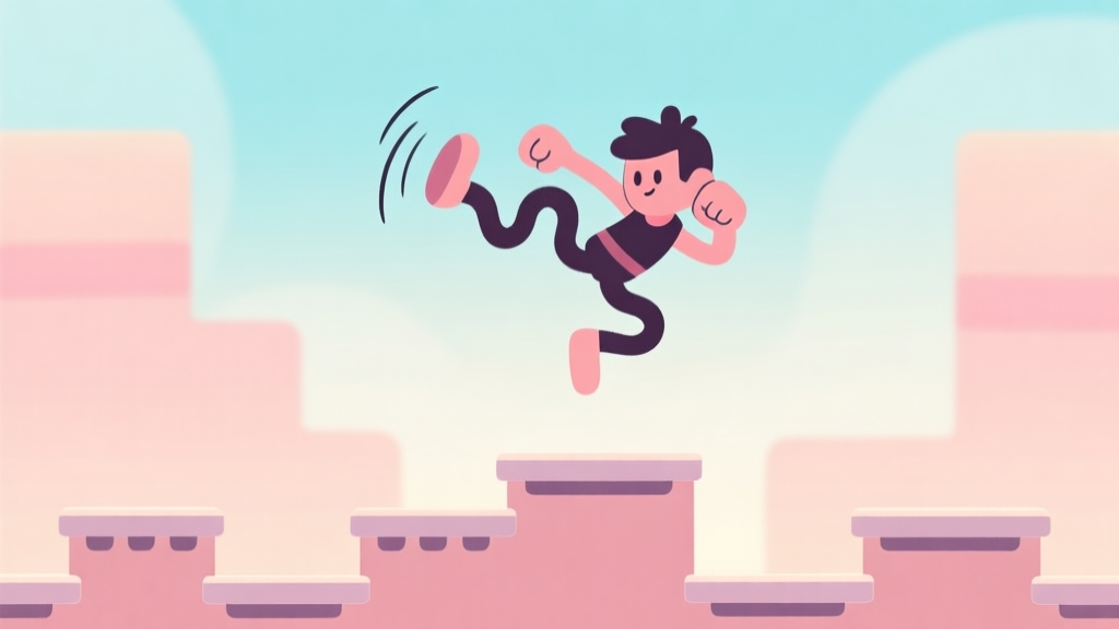 A stylized, playful 2D platformer scene showing a character with wiggly legs mid-air, performing a spin kick above a series of simple platforms, in a soft pastel color palette with gentle gradients high quality illustration, detailed, 16:9