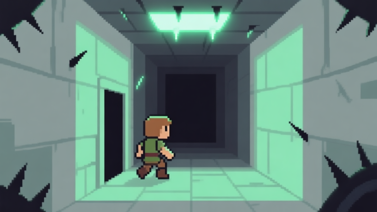 自动生成图片: A minimalist side-scrolling game scene showing a small pixelated adventurer cautiously approaching a dark corridor, with subtle glows hinting at hidden spikes on the ceiling and floor, soft green and grey color palette high quality illustration, detailed, 16:9