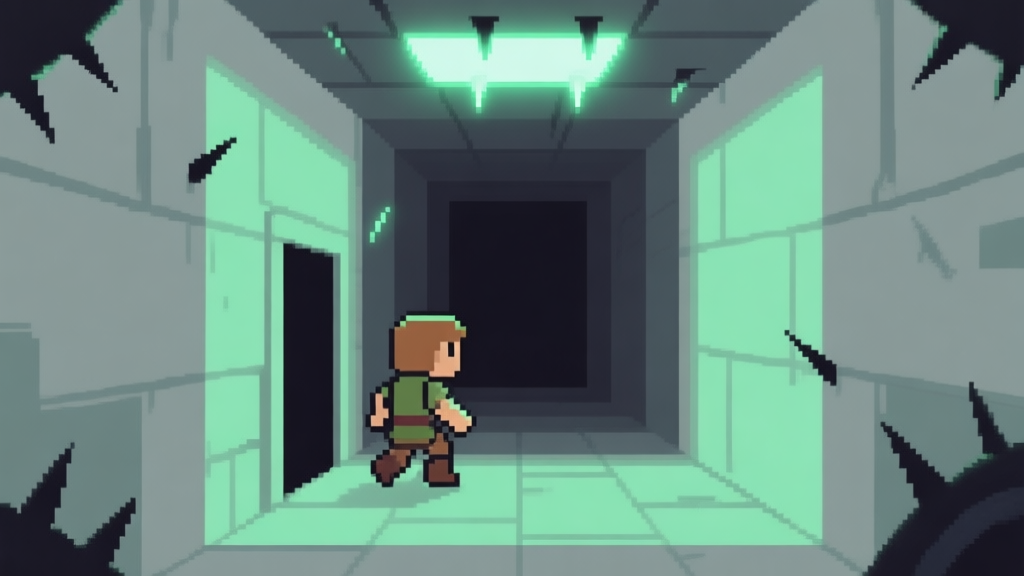 A minimalist side-scrolling game scene showing a small pixelated adventurer cautiously approaching a dark corridor, with subtle glows hinting at hidden spikes on the ceiling and floor, soft green and grey color palette high quality illustration, detailed, 16:9