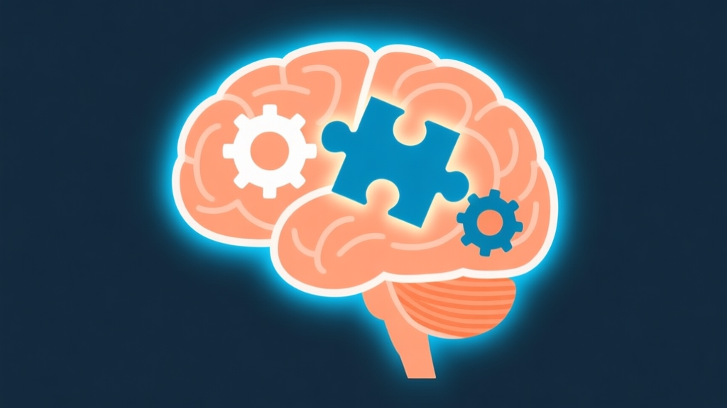 A minimalist illustration of a brain with puzzle pieces and gears inside, glowing with soft orange and blue light, symbolizing cognitive engagement, flat design style high quality illustration, detailed, 16:9