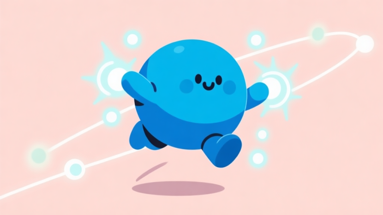 自动生成图片: A cute, round blue character (Mr. Boomi) in a dynamic mid-air pose, surrounded by subtle energy orbs and trajectory lines, on a simple pastel-colored game background, flat illustration style high quality illustration, detailed, 16:9