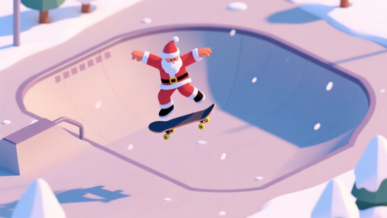 自动生成图片: A stylized, isometric view of a skateboard park with a character in a Santa outfit performing a kickflip, soft winter lighting, pastel color palette, flat design style high quality illustration, detailed, 16:9