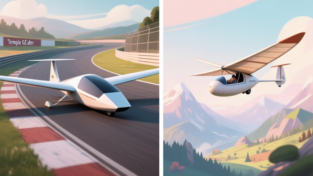 A split-screen comparison showing a sleek, angular Temple Glider on a racetrack on one side, and a more rounded, versatile glider soaring over a mountainous adventure landscape on the other, soft lighting, pastel color palette high quality illustration, detailed, 16:9