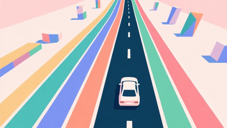 自动生成图片: A top-down view of a vibrant, minimalist racing track with multiple colorful lanes, a simple car in the center, and abstract geometric obstacles approaching from the top, soft pastel color scheme, clean lines high quality illustration, detailed, 16:9