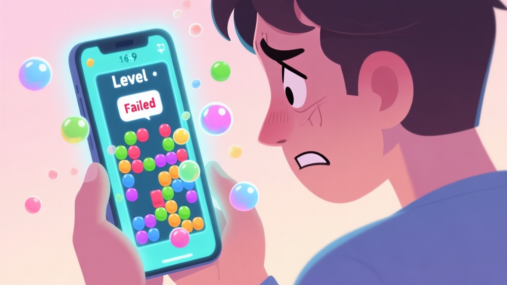 A frustrated player looking at a glowing smartphone screen showing a chaotic and seemingly impossible match-3 puzzle level, with colorful bubbles and a "Level Failed" message, soft pastel color palette high quality illustration, detailed, 16:9