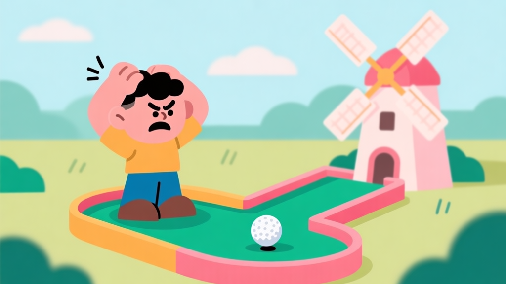 A frustrated cartoon character on a colorful mini-golf course, scratching their head as a golf ball bounces unpredictably off a windmill, soft pastel colors, flat illustration style high quality illustration, detailed, 16:9