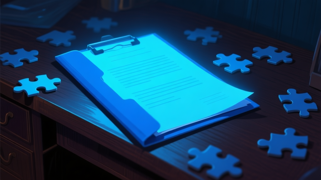 A close-up of a mysterious, glowing blue document or file folder on a dark wooden desk, with puzzle pieces scattered around it, soft blue light casting shadows, digital art style high quality illustration, detailed, 16:9