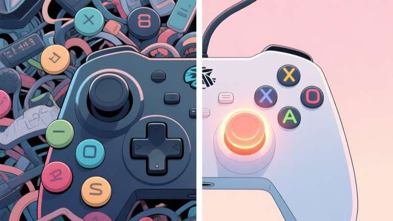 自动生成图片: A split-screen illustration showing a chaotic, overly complex game controller with many buttons on the left, and a simple, clean controller with one glowing, prominent button on the right, in a soft pastel color scheme high quality illustration, detailed, 16:9