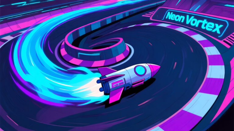 自动生成图片: A dynamic, stylized top-down view of a vibrant sci-fi racing track called 'Neon Vortex', with a rocket-powered car mid-drift on a sharp corner, neon blue and purple trail effects, sense of high speed and tension high quality illustration, detailed, 16:9