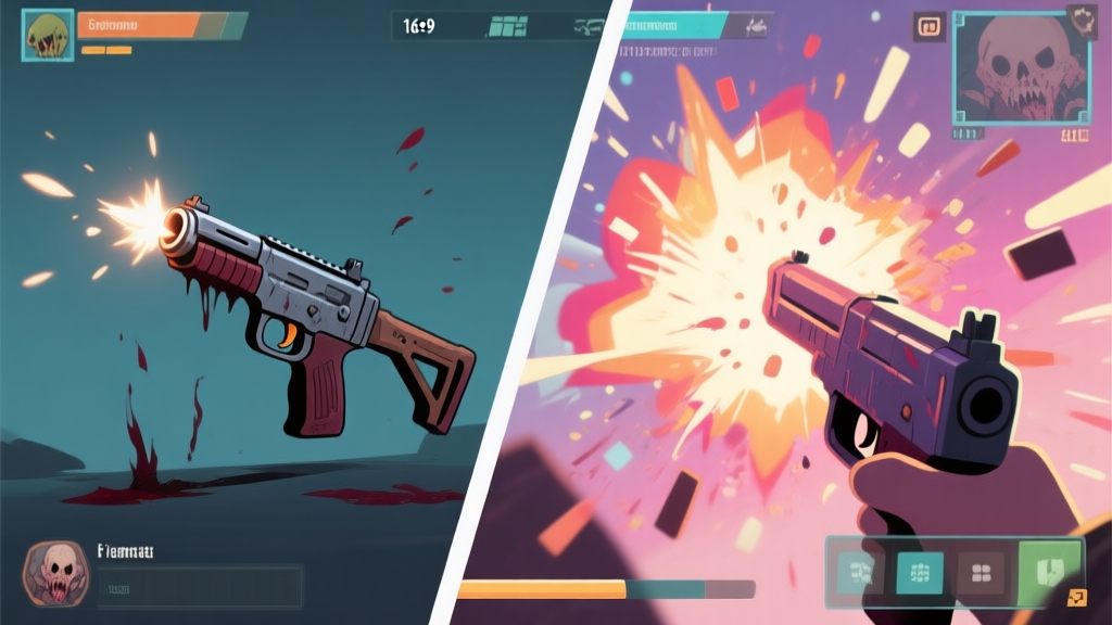 Split-screen comparison of a flat, lifeless gunshot visual effect versus a vibrant, impactful one with subtle screen shake and particle effects, soft color palette, video game UI style high quality illustration, detailed, 16:9
