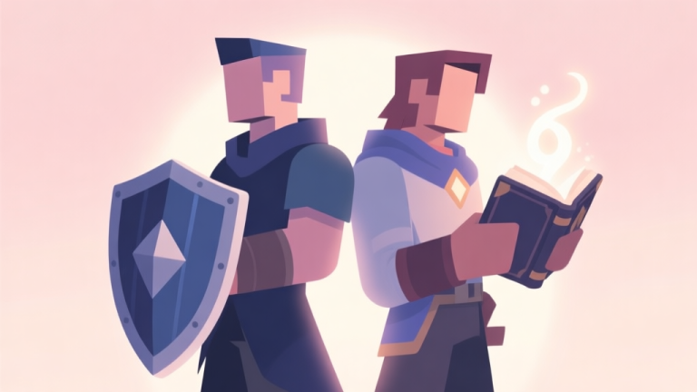 自动生成图片: Two stylized game avatars standing back-to-back, one holding a shield and the other a spellbook, in a soft pastel color palette with a subtle glow of teamwork between them, minimalist illustration style high quality illustration, detailed, 16:9