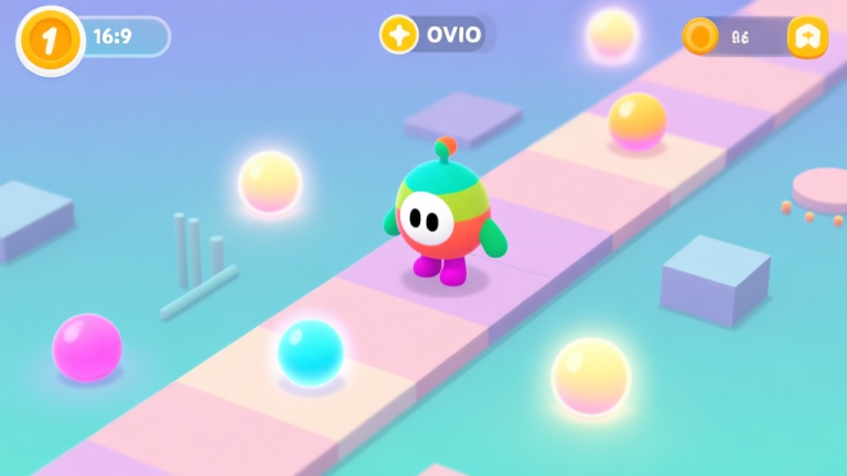 自动生成图片: A vibrant, minimalist mobile game screenshot showing a colorful OVO character on a geometric path, surrounded by glowing orbs and simple obstacles, pastel color scheme, clean UI high quality illustration, detailed, 16:9