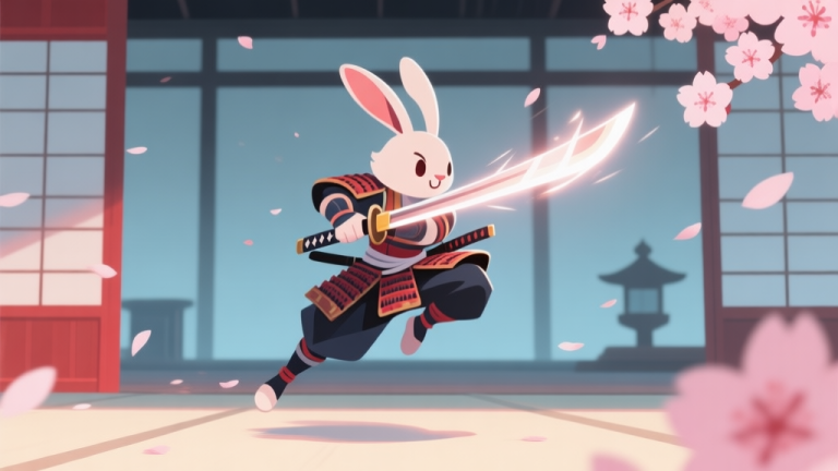 自动生成图片: A dynamic, stylized 2D game character illustration of a rabbit samurai in mid-air, executing a swift slash with a glowing katana, against a minimalist Japanese dojo background with cherry blossom petals, soft pastel color scheme with accents of muted red and blue high quality illustration, detailed, 16:9