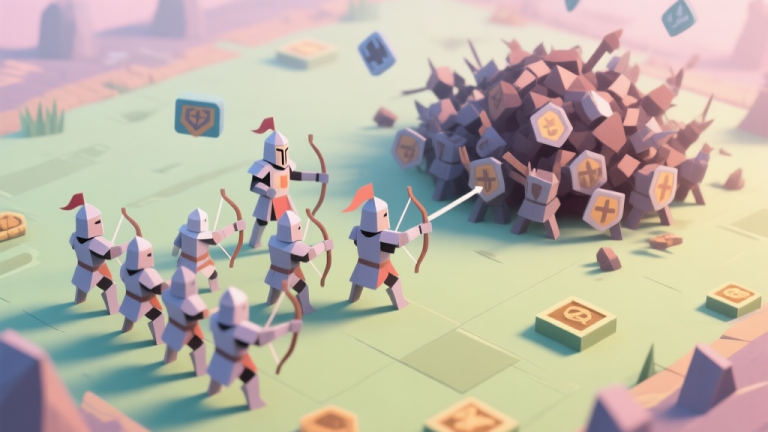 自动生成图片: A top-down view of a Papercraft Wars battlefield, showing a balanced player formation of papercraft knights and archers clashing against a chaotic enemy blob, with resource icons subtly floating in the background, soft pastel color scheme high quality illustration, detailed, 16:9