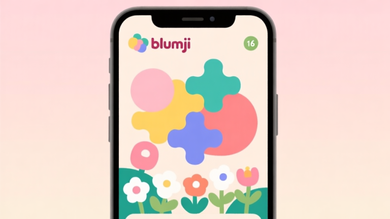 自动生成图片: A minimalist, cozy illustration of a smartphone screen showing a vibrant, abstract puzzle game with soft-colored blobs (blumgi) and blooming flowers, on a pastel background, flat design style high quality illustration, detailed, 16:9