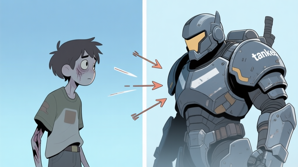 A split-screen illustration showing a fragile character on one side and a heavily armored 'tanked up' character on the other, with arrows bouncing off the armor, in a soft color palette of blues and greys high quality illustration, detailed, 16:9