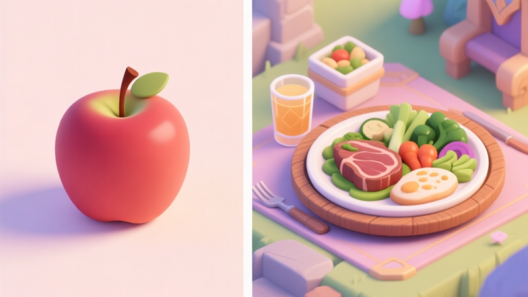 自动生成图片: A split-screen illustration showing a simple apple on one side (representing basic food) and a beautifully arranged, complete meal with meat, vegetables, and drink on a wooden plate (representing a square meal) in a fantasy game setting, soft pastel colors, isometric view high quality illustration, detailed, 16:9
