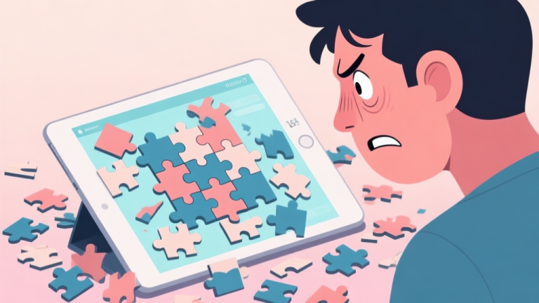 自动生成图片: A frustrated player looking at a messy digital jigsaw puzzle screen on a tablet, with many scattered pieces, soft pastel background high quality illustration, detailed, 16:9