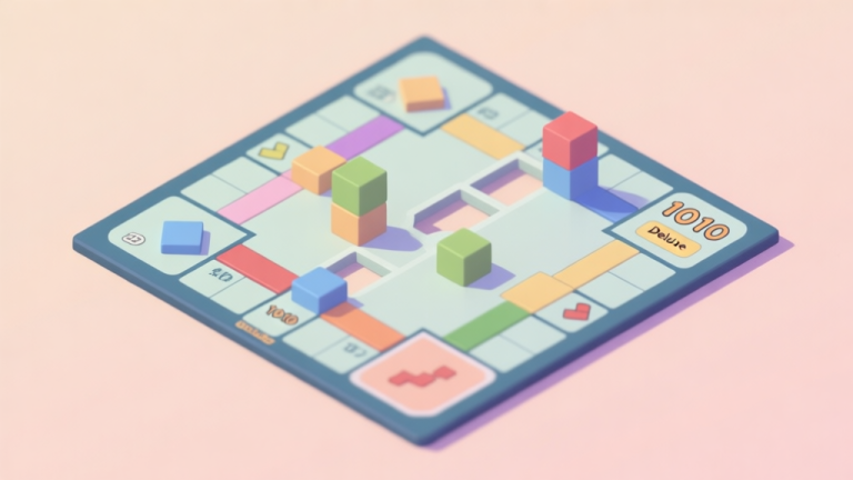 自动生成图片: A top-down view of a 1010 Deluxe game board in mid-play, showing a mix of placed blocks and the upcoming three blocks. The board is partially cleared, with strategic gaps left open. Soft pastel colors, clean lines, isometric view. high quality illustration, detailed, 16:9