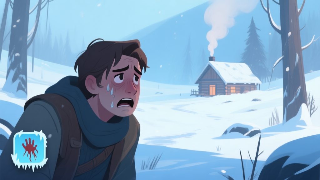 A desperate game character in a snowy wilderness, shivering with a visible frostbite status icon on the screen, looking at a distant cabin with smoke, soft winter color palette with blues and whites high quality illustration, detailed, 16:9