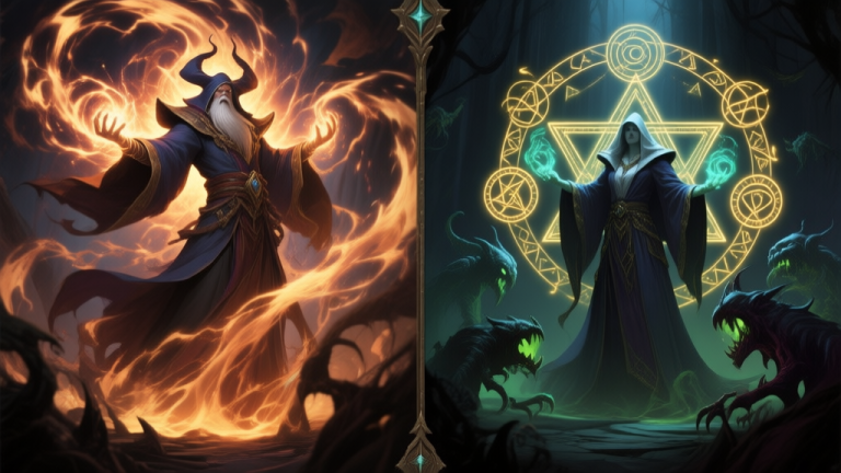 自动生成图片: Epic split-screen fantasy game art, left side a Sorcerer engulfed in chaotic raw magical energy, right side a Mage surrounded by intricate glowing arcane symbols and summoned creatures, dark fantasy setting, dramatic lighting high quality illustration, detailed, 16:9