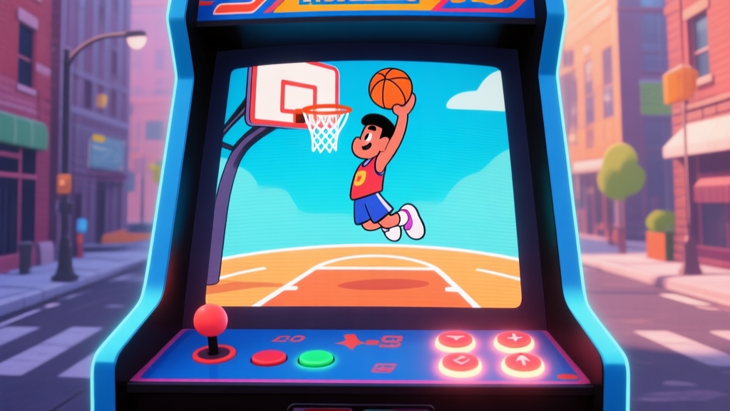 A vibrant, stylized arcade basketball game screen, showing a cartoon character mid-dunk against a city street backdrop. The controls (arrows and action buttons) are subtly highlighted with a soft glow. high quality illustration, detailed, 16:9