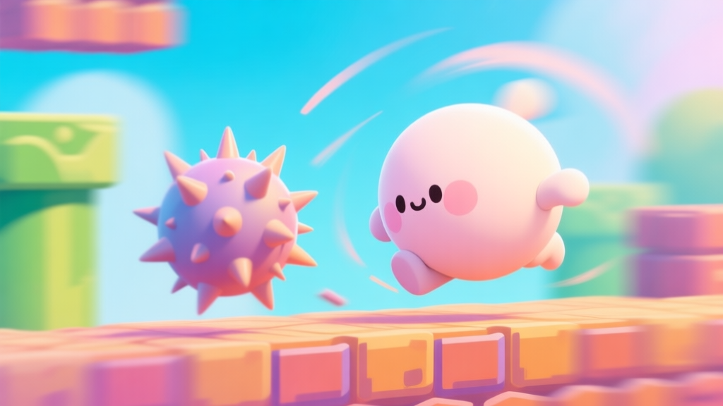 A cute, round character mid-roll in a colorful 2D platformer scene, dodging a spiky obstacle, soft pastel colors, dynamic motion blur high quality illustration, detailed, 16:9
