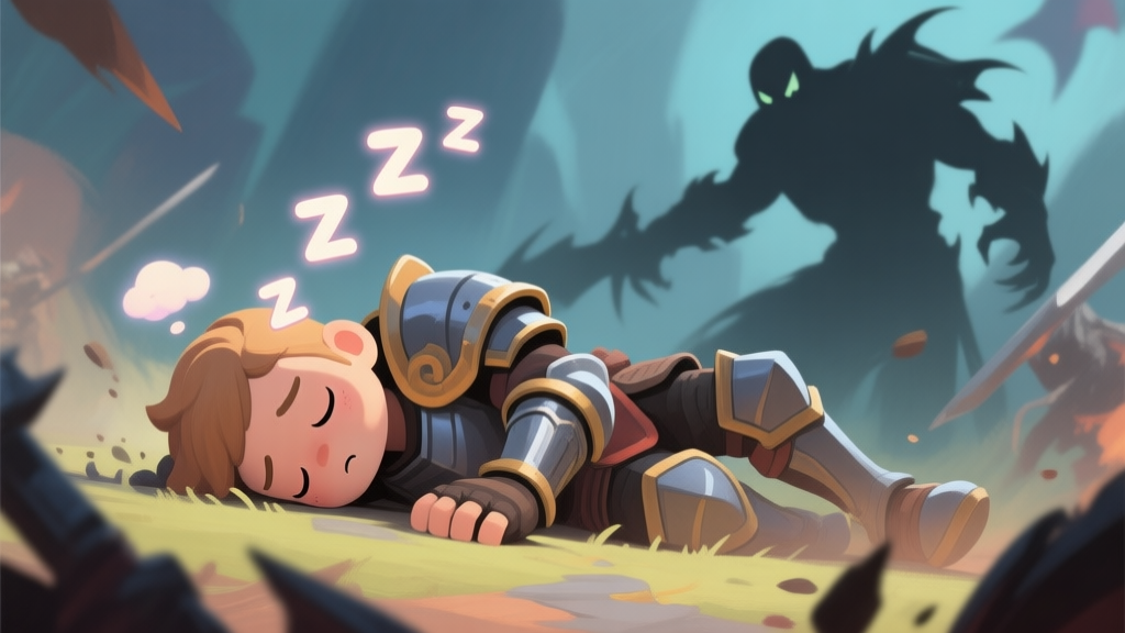 A stylized, soft-colored illustration of a video game character in armor starting to fall asleep mid-battle, with dreamy Zzz symbols floating around their head, while a shadowy enemy looms in the background. The art style is semi-realistic with a touch of painterly effect. high quality illustration, detailed, 16:9