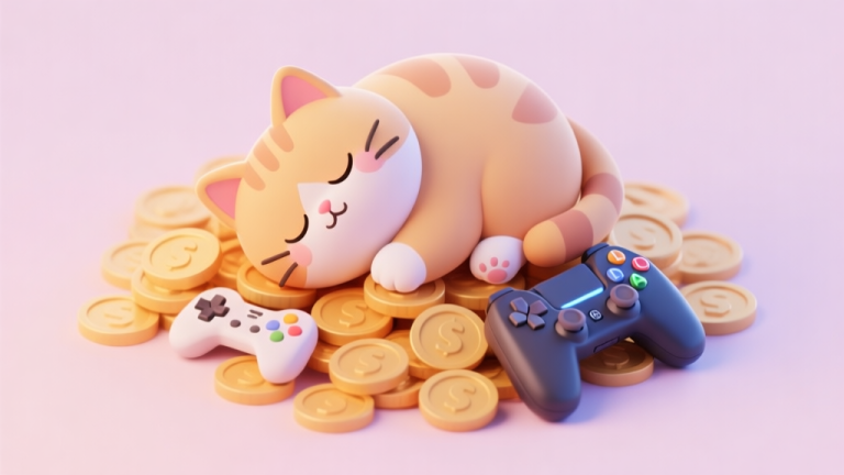 自动生成图片: A cute, chubby cartoon cat sleeping on a pile of virtual coins and game controllers, soft pastel background, isometric view, digital art style high quality illustration, detailed, 16:9