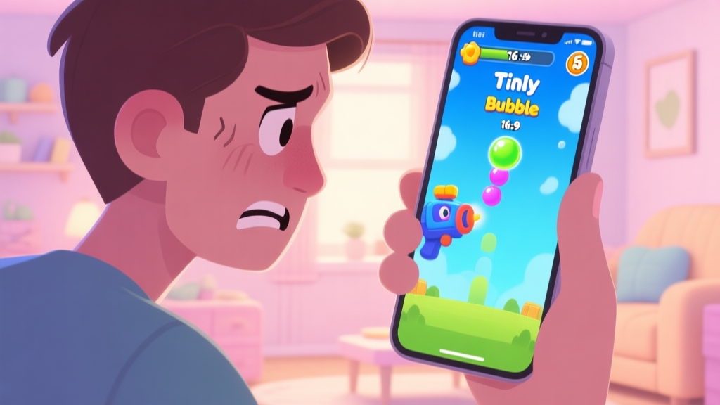 A frustrated player looking at a Tingly Bubble Shooter game screen on a mobile phone, with a high score just out of reach, in a cozy room setting, soft lighting, pastel color palette high quality illustration, detailed, 16:9