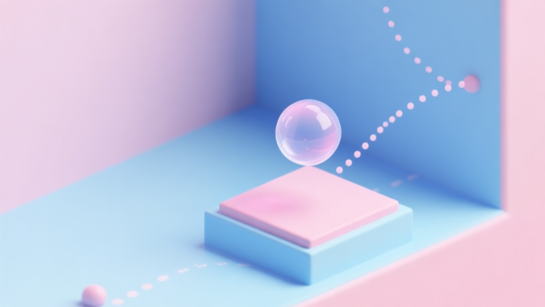 自动生成图片: A minimalist 3D game scene showing a translucent jelly ball mid-bounce on a geometric platform, with dotted trajectory lines predicting its path, soft pastel color scheme with light blue and pink accents high quality illustration, detailed, 16:9