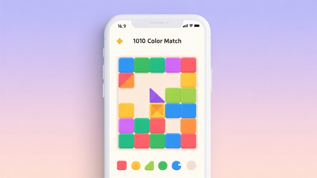 A clean, minimalist mobile phone screen showing a vibrant 1010 Color Match game board mid-play, with colorful geometric blocks about to be placed, soft pastel background, flat design style high quality illustration, detailed, 16:9