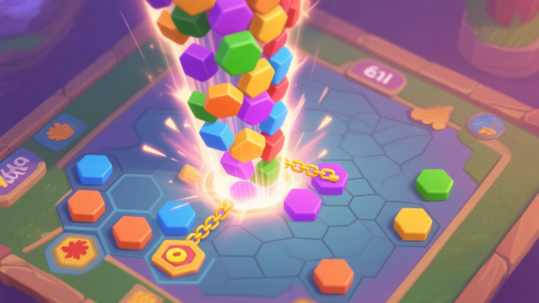 自动生成图片: A dynamic, top-down view of a Hexagon Fall game board in mid-action, with colorful hexagon blocks cascading down. One area shows a perfect combo chain about to clear, with visual effects hinting at a high-score moment. Soft, glowing color palette. high quality illustration, detailed, 16:9