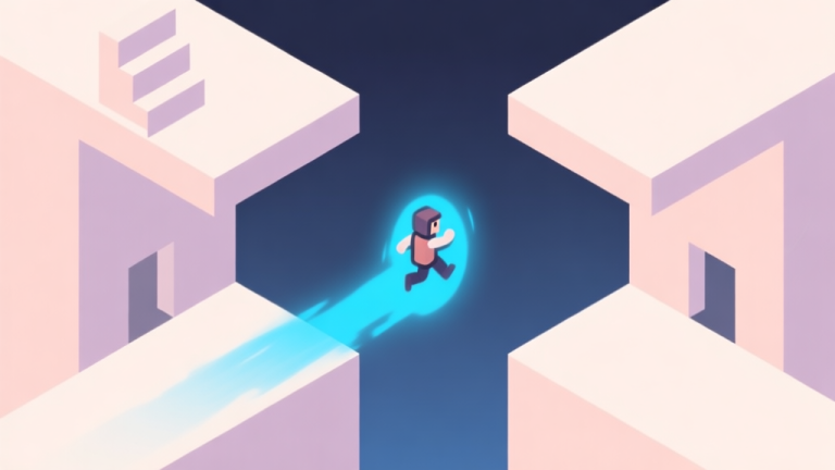 自动生成图片: A minimalist isometric game level with a character mid-teleport, leaving a fading blue trail between two platforms, soft pastel colors, clean lines high quality illustration, detailed, 16:9