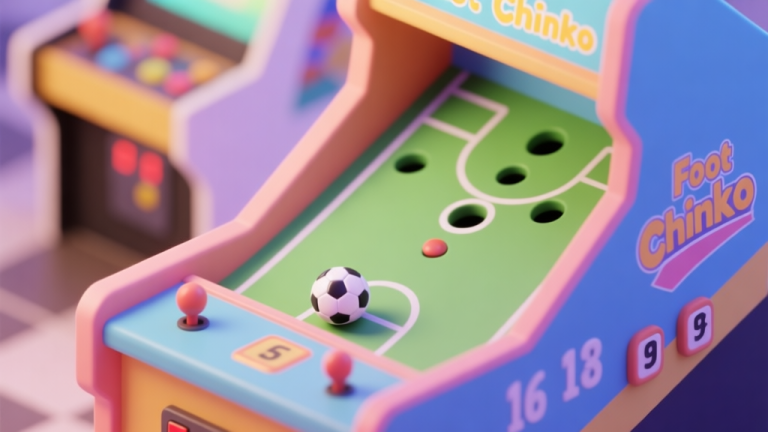 自动生成图片: An isometric view of a vibrant Foot Chinko machine in an arcade, with a soft-focus background, showing the inclined playfield, various holes with point values, and a small soccer ball resting at the kicking area. Pastel colors, soft lighting. high quality illustration, detailed, 16:9