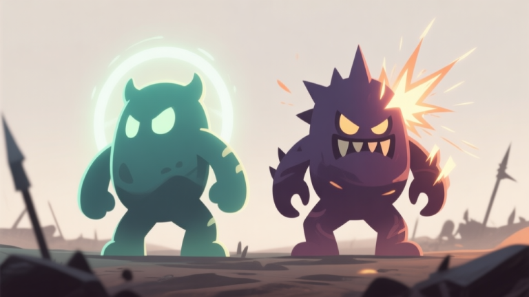 自动生成图片: Two stylized, complementary monster avatars back-to-back, one glowing with soft support aura, the other with sharp attack sparks, against a minimalist battlefield background, soft color palette high quality illustration, detailed, 16:9